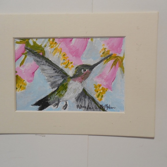 Hummingbird Pink Nectar Flowers Watercolor HAND CRAFTED Painting - Picture 2 of 5